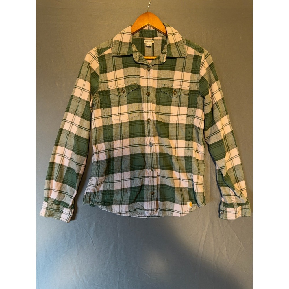 Carhartt Women's S 4/6 Green Plaid Flannel Button Up Shirt Long Sleeve Cotton - Picture 2 of 7